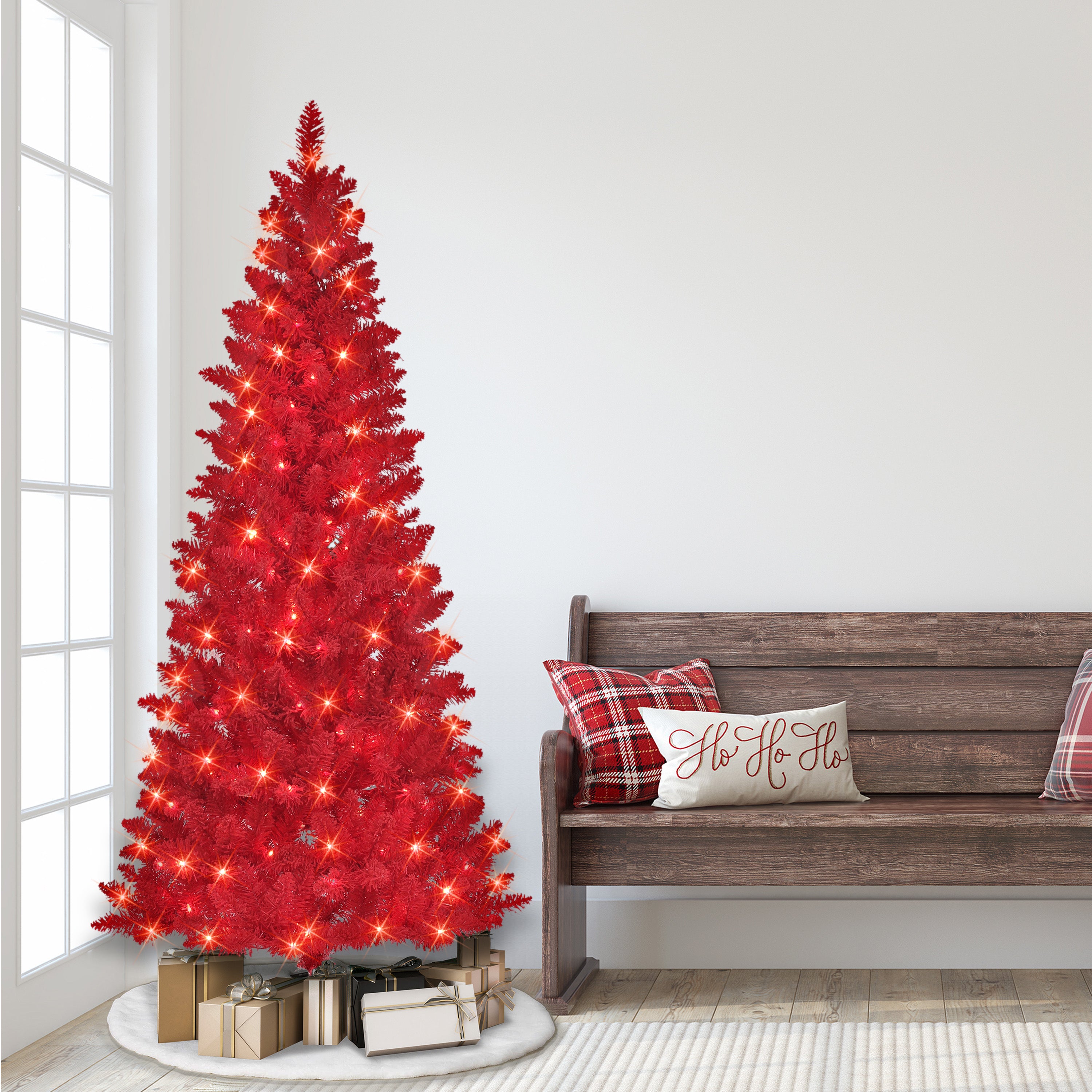 6.5ft Pre-lit Flocked Fashion Red Christmas Tree